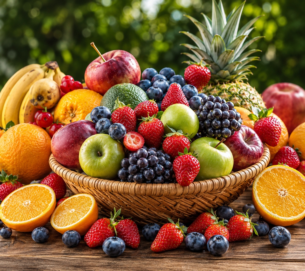 Fresh fruit basket overflowing with colourful fruits